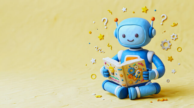 Blue clay robot sitting and reading an open book with illustrated pages surrounded by question marks.