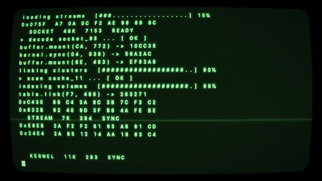 Retro green phosphor CRT terminal typing and scrolling code, scanlines and glow, vintage computer seamless loop