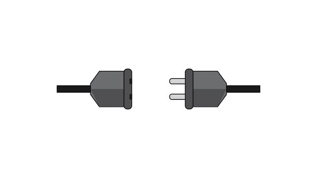 Animated male and female electrical plugs connect and create a blue spark isolated on a white background.