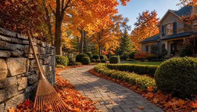 Rake leaning against rustic stone wall on autumn path near residential home.