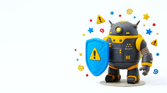 Protective security robot with shield and warning signs stands ready.