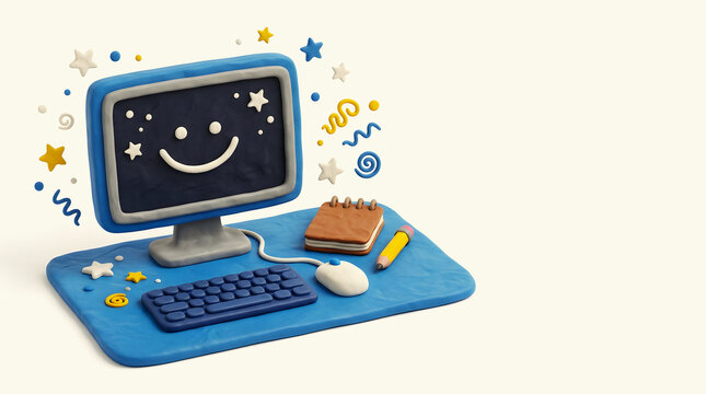 Blue clay computer monitor with cute star pattern screen and stationery supplies on desk for digital learning space.