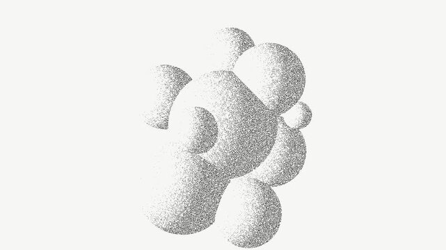 Abstract stippled spheres floating in motion with white background