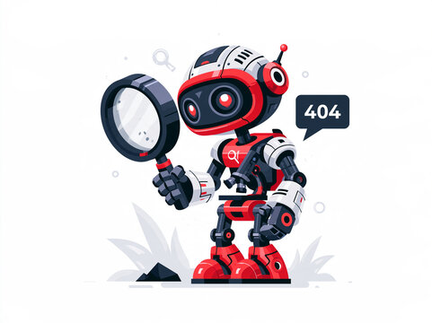 Pictogramme d'erreur 404 : robot cherchant avec une loupe, concept &eacute;pur&eacute; sur fond blanc isol&eacute;