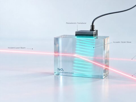 3D acousto-optic modulator AOM concept, translucent piezoelectric crystal with glowing acoustic-wave driven Bragg diffraction light beam with copy space