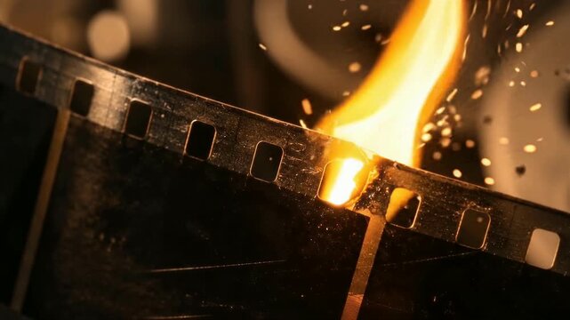 Vintage film strip burning and sparking in a macro close up shot