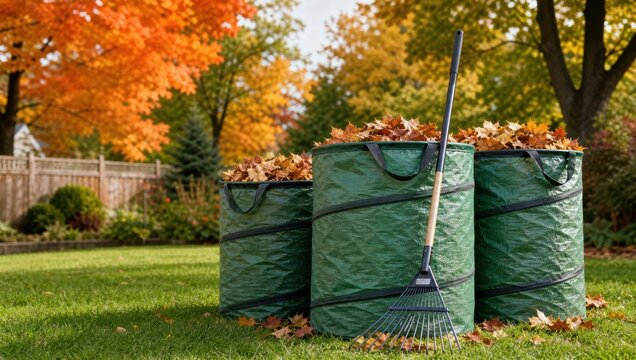 Three garden bags filled with fallen autumn leaves and steel rake on lawn.