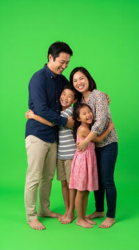 Asian Family Hugging Together on Green Screen