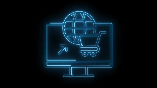 Neon online shopping icon on computer screen depicts ecommerce and global trade