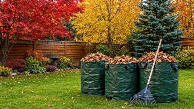 Three green garden bags filled with autumn leaves and a rake on a green lawn in a colorful backyard.