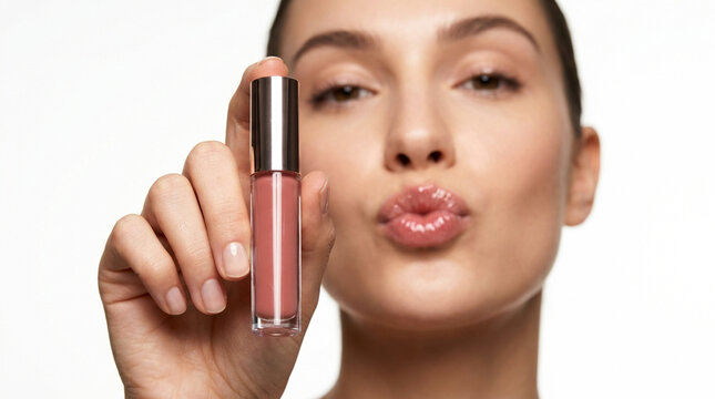 Woman pouting with glossy lips holding lip gloss, beauty and cosmetic product