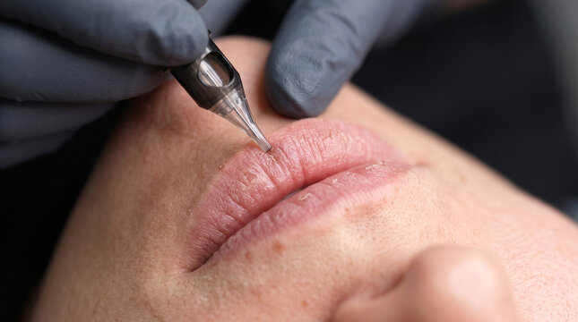 Professional applying permanent makeup to female lips with tattoo machine, beauty procedure and cosmetic enhancement