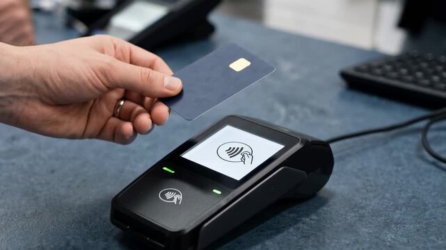 Hand holding a payment card near a contactless terminal. Secure NFC transaction at a checkout counter using digital payment technology.