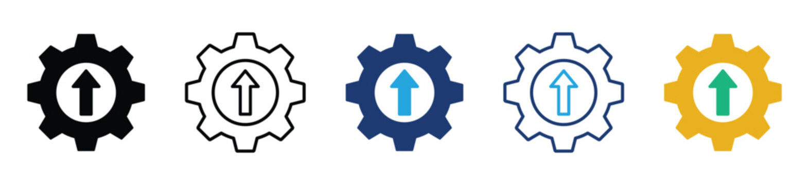 Gear upgrade icon set with upward arrow for system update, process optimization, and technical improvement. Vector illustration and transparent PNG.