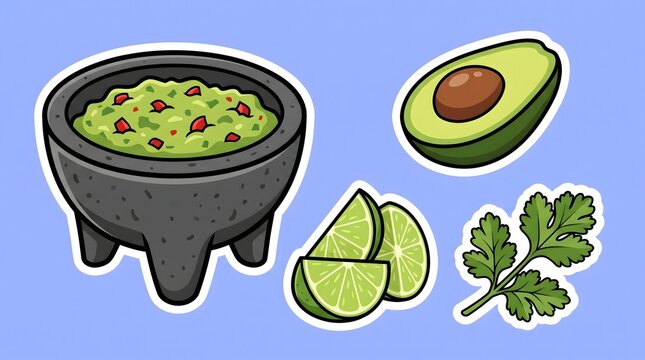 Cute cartoon guacamole bowl with avocado, lime slices, and cilantro stickers