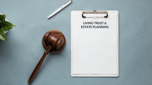 Wooden judges gavel resting near clipboard with living trust and estate planning text on grey background viewed from above flatlay