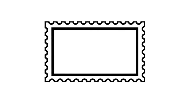 Postage stamp outline icon vector illustration featuring a perforated rectangular border shape. Clean black line art on a white background for postal service and shipping logistics designs