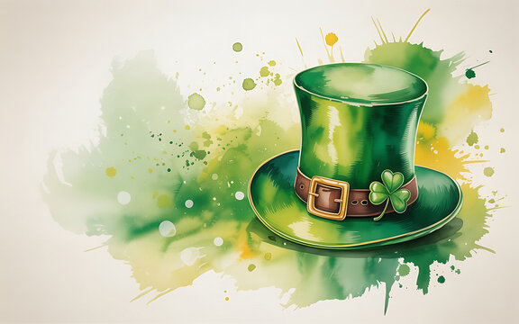 Festive st patricks day green leprechaun top hat illustration with watercolor splashes and shamrock