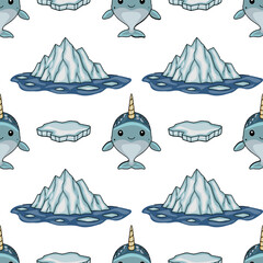 Seamless vector pattern with cute narwhals and icebergs in arctic ocean © Khrystyna Turchyn