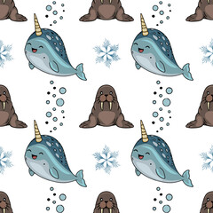 Cute vector seamless pattern with smiling narwhals, walruses, bubbles, and snowflakes for winter designs © Khrystyna Turchyn