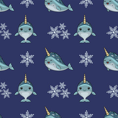 Cute winter vector seamless pattern with kawaii narwhals and snowflakes on blue background © Khrystyna Turchyn