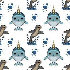 Cute vector seamless pattern with playful narwhals, adorable seals, water splashes and bubbles on white background for children textile and fabric design © Khrystyna Turchyn