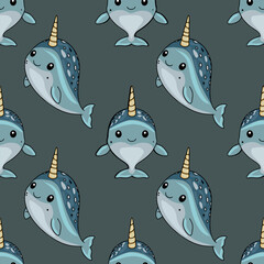 Cute vector seamless pattern with adorable cartoon narwhals on a dark grey background for textile and fabric print design © Khrystyna Turchyn