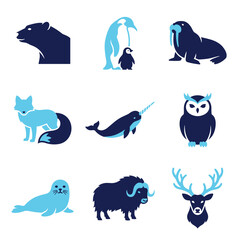 Fototapeta premium Arctic animal silhouette set featuring polar bear penguin walrus fox narwhal owl seal and reindeer