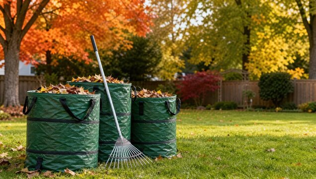 Yard maintenance concept with garden waste bags and rake on grassy field.