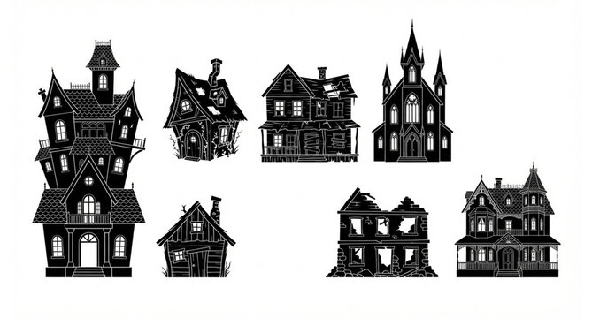 Creepy Halloween haunted house bundle spooky building silhouette vector set