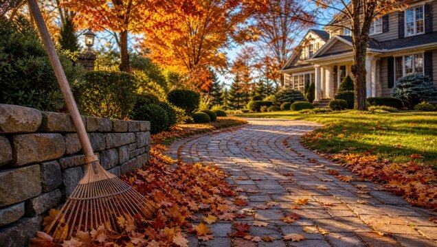 Yard rake leaning on stone wall along path with autumn leaves and house.