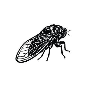 Black and white detailed illustration of a cicada insect with wings in vintage etching style