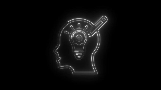Neon outline human head profile with lightbulb and gear inside symbolizing innovation idea... icon