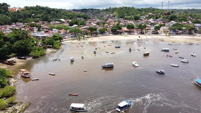 Drone footage aerial view boats on shallow water, Praia da Coroa, Itacare, Bahia state, Brasil