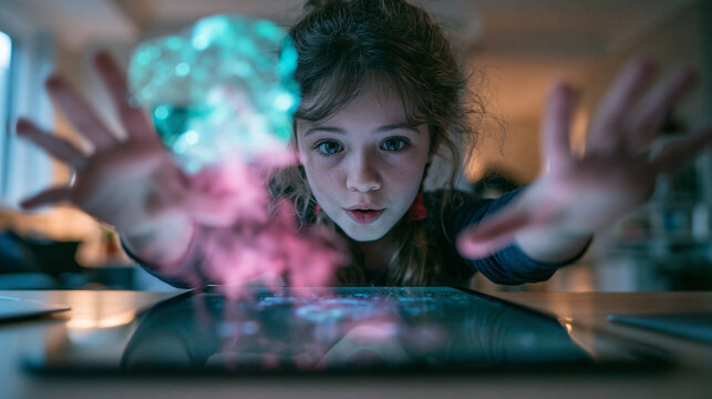Amazed Girl Interacting with Glowing Holographic Digital Tablet
