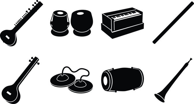 Indian Musical Instruments Vector Silhouette Icon Set Including Sitar Tabla Harmonium Flute Tanpura Dholak Shehnai Manjira