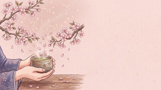 Hands Holding Hot Matcha Green Tea Under Cherry Blossoms