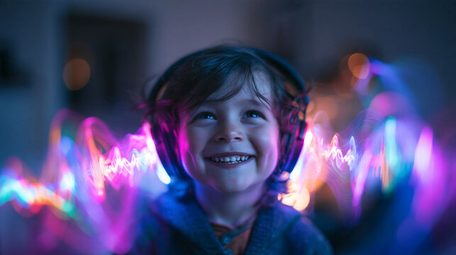 Joyful Child Wearing Headphones with Glowing Sound Waves