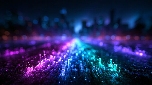 Digital Data Stream Glowing in Smart City at Night