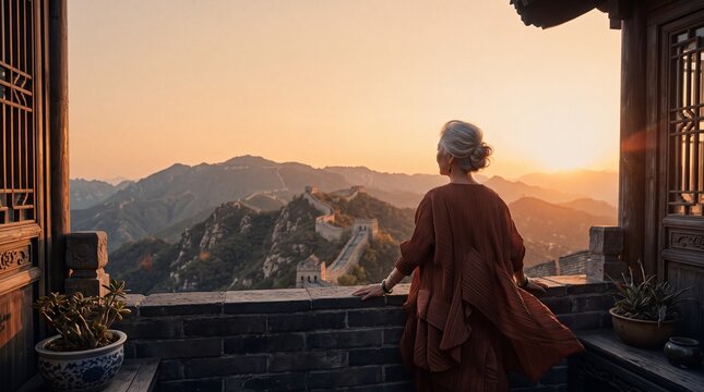 Mature Woman Admiring Great Wall of China at Sunrise