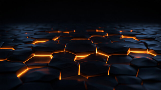 Dark Cracked Hexagon Surface with Glowing Orange Light