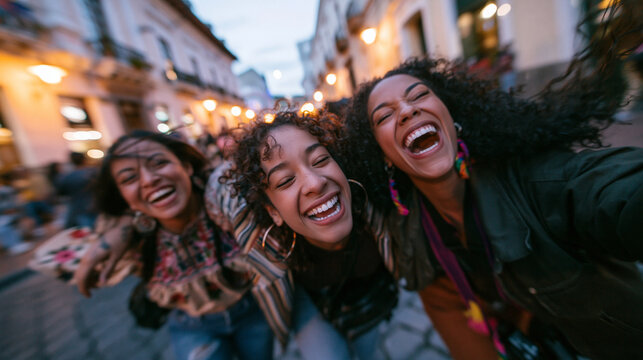 Happy Young Women Laughing Together on City Street