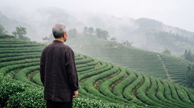 Senior Asian Man Overlooking Misty Green Tea Plantation