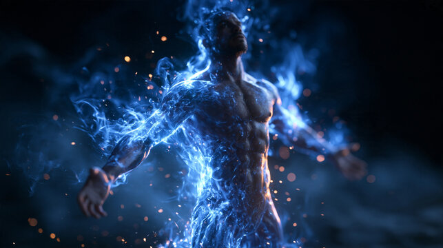 Muscular Man Enveloped in Glowing Blue Energy Flame