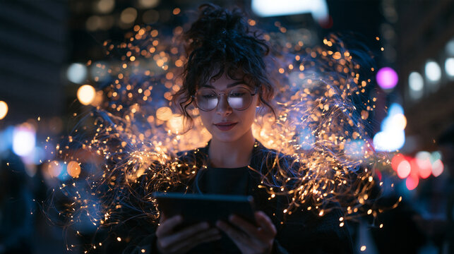 Young Woman Using Digital Tablet Surrounded by Glowing Lights