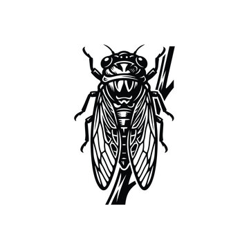 Detailed black and white illustration of a cicada insect sitting on a small tree branch