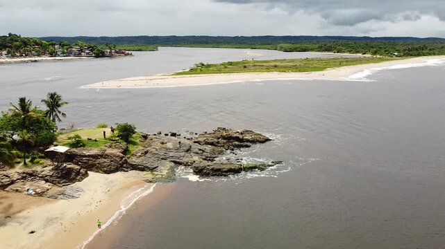 Drone footage aerial view Concha Beach (Praia da Concha), Mirante do Xar&eacute;u (Ponta do Xar&eacute;u), River De Contas, Praia do Pontal, Itacare, Bahia state, Brasil