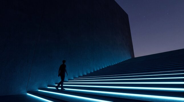 Silhouette Walking Up Illuminated Stairs in Modern Architecture