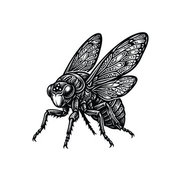 Detailed black and white engraving illustration of a single cicada insect with wings spread