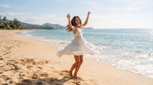 Carefree Woman Twirling on Sandy Beach